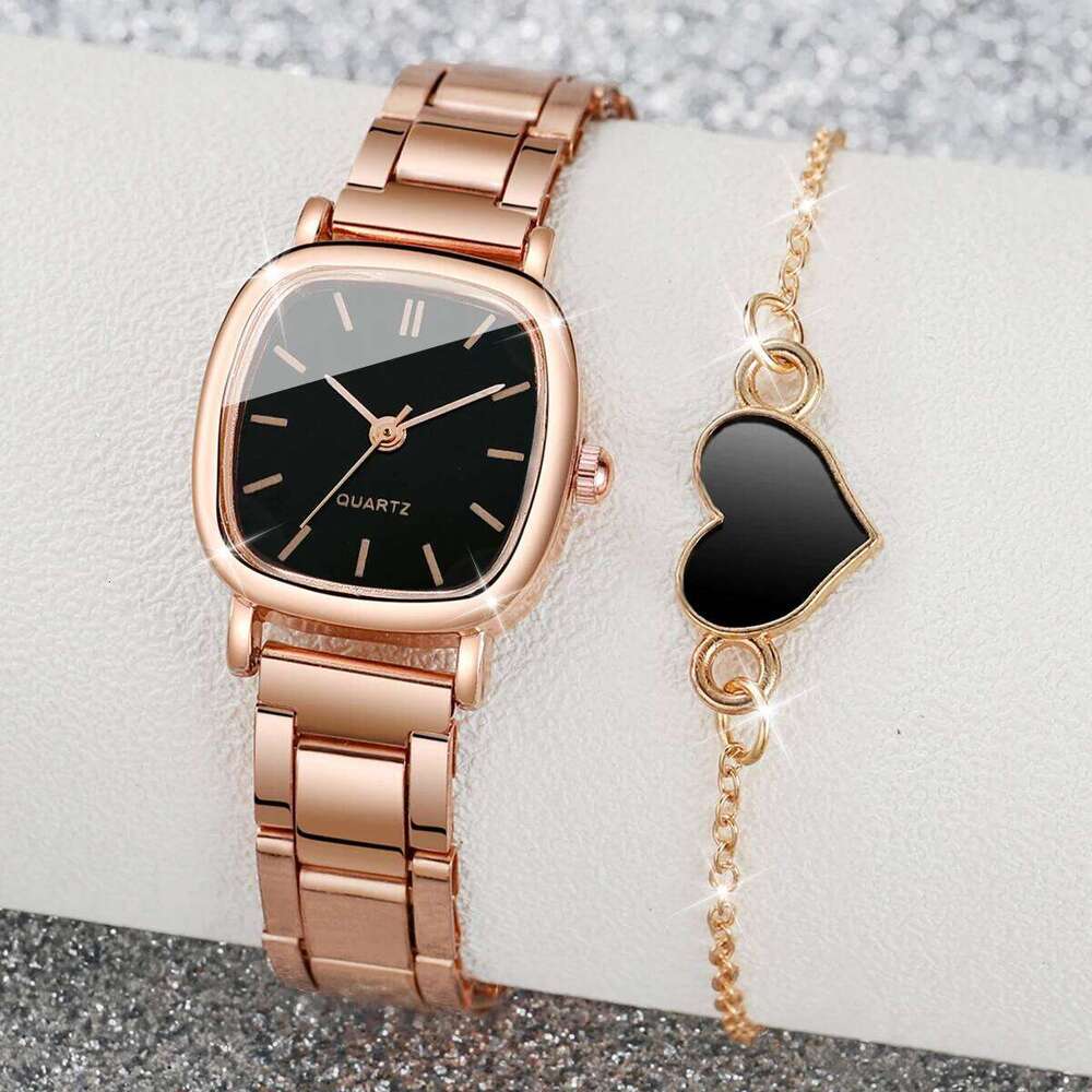 2PCS/Set Fashion Square Women es Stainless Steel Band Quartz Heart Set H260228