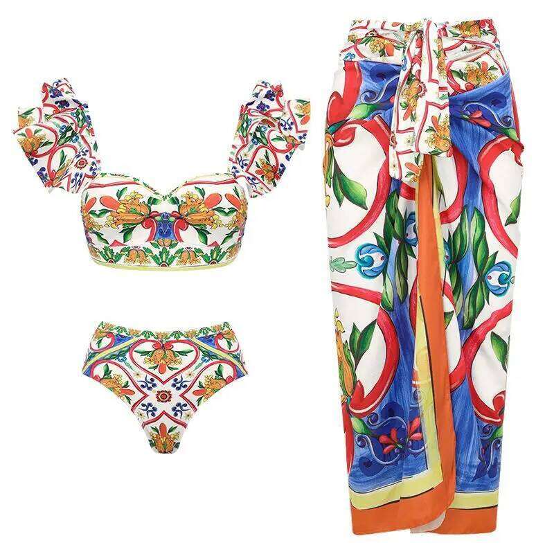 FLAXMAKER Ruffle Shoulder Printed One Piece Vacation Swimwear bikini sets Women Beachwear Bathing Suit Monokini Z260301