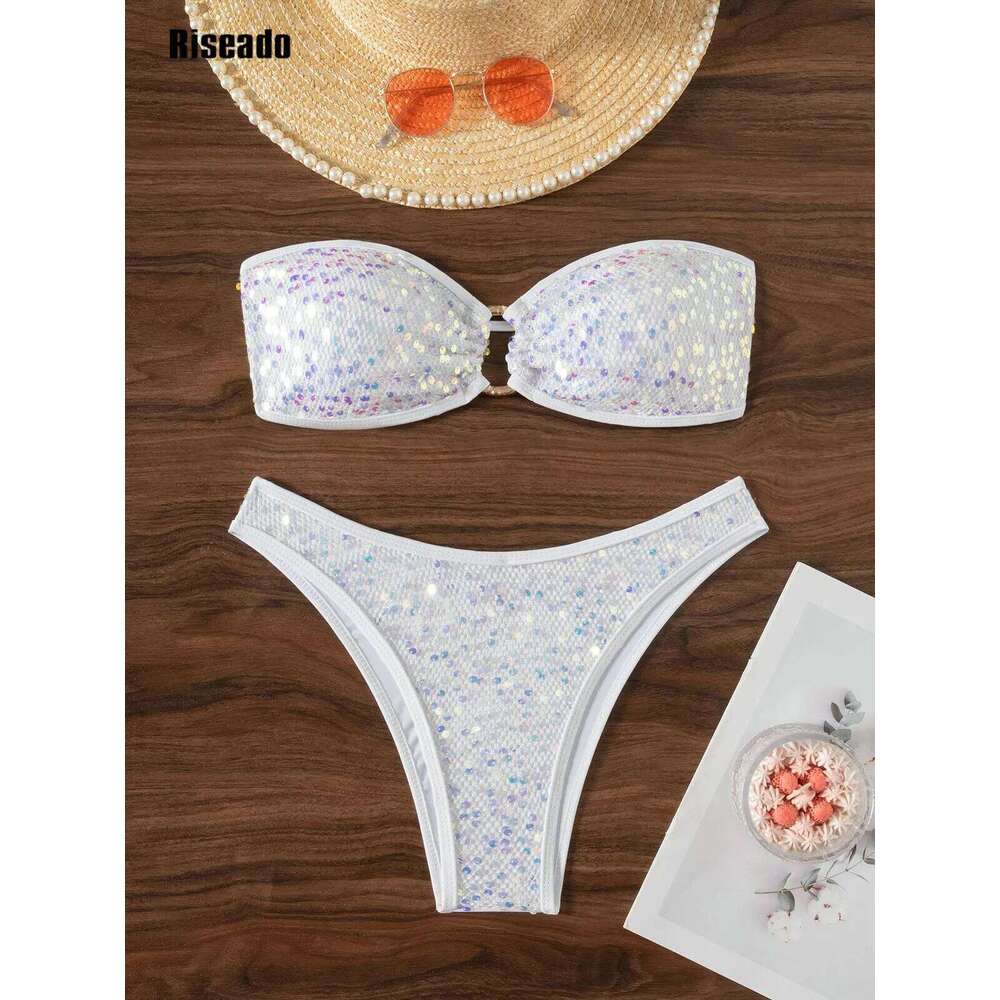 Women Sequins Shiny Bikini Bandeau Sexy String Two Pieces Swimsuit Female Thong Swimwear Z260301
