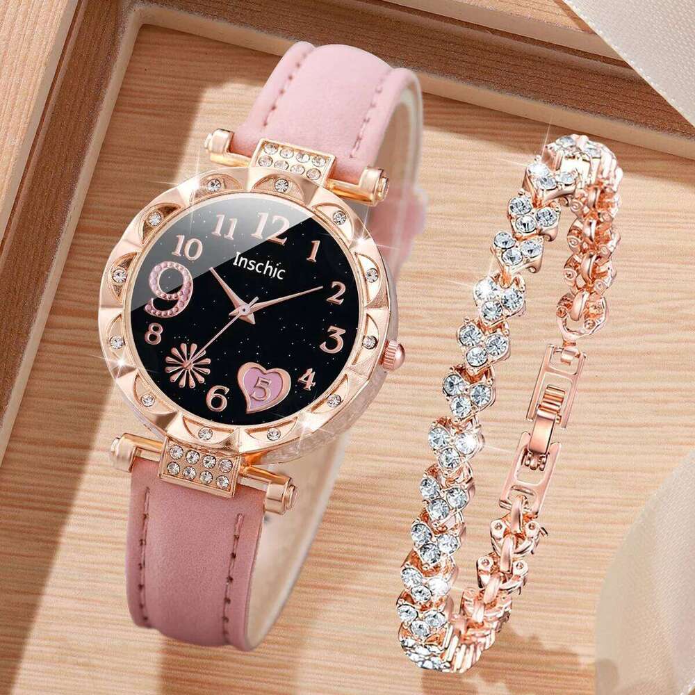 2/4/6PCS Fashion Rhinestone Women es Heart Dial Quartz Casual Leather Band Wristes SetWithout Box H260228