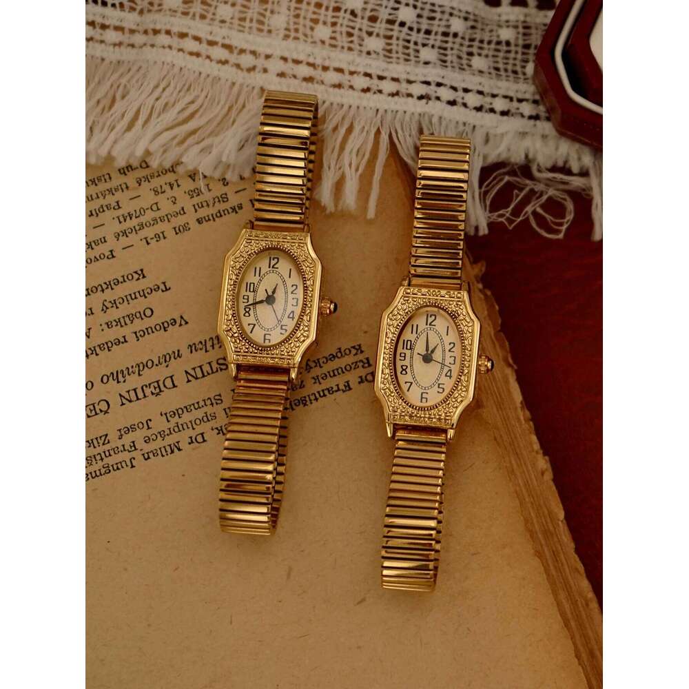 1 Piece of New Gold French Classic Retro Style High-End Elegant Compact Exquisite Women's Waterproof Quartz Stainless Steel Strap, Rectangular En