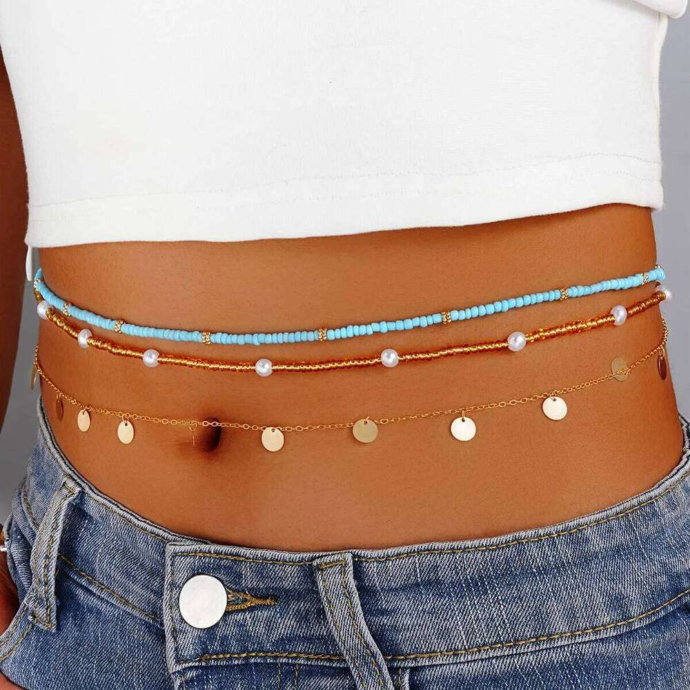 3Pcs Bohemian Multilayer Rice Beaded Tassel Waist Vintage Imitation Pearl Blue Gold Color Body Chain Summer Bikini Jewelry H260228