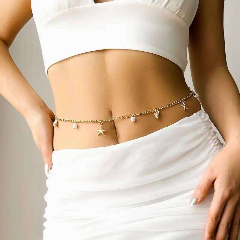 Elegant Bohemian Style Starfish and Conch Pearl Chain Belt, Adjustable, Perfect for Beach Trips, Fashion Gift Item H260228