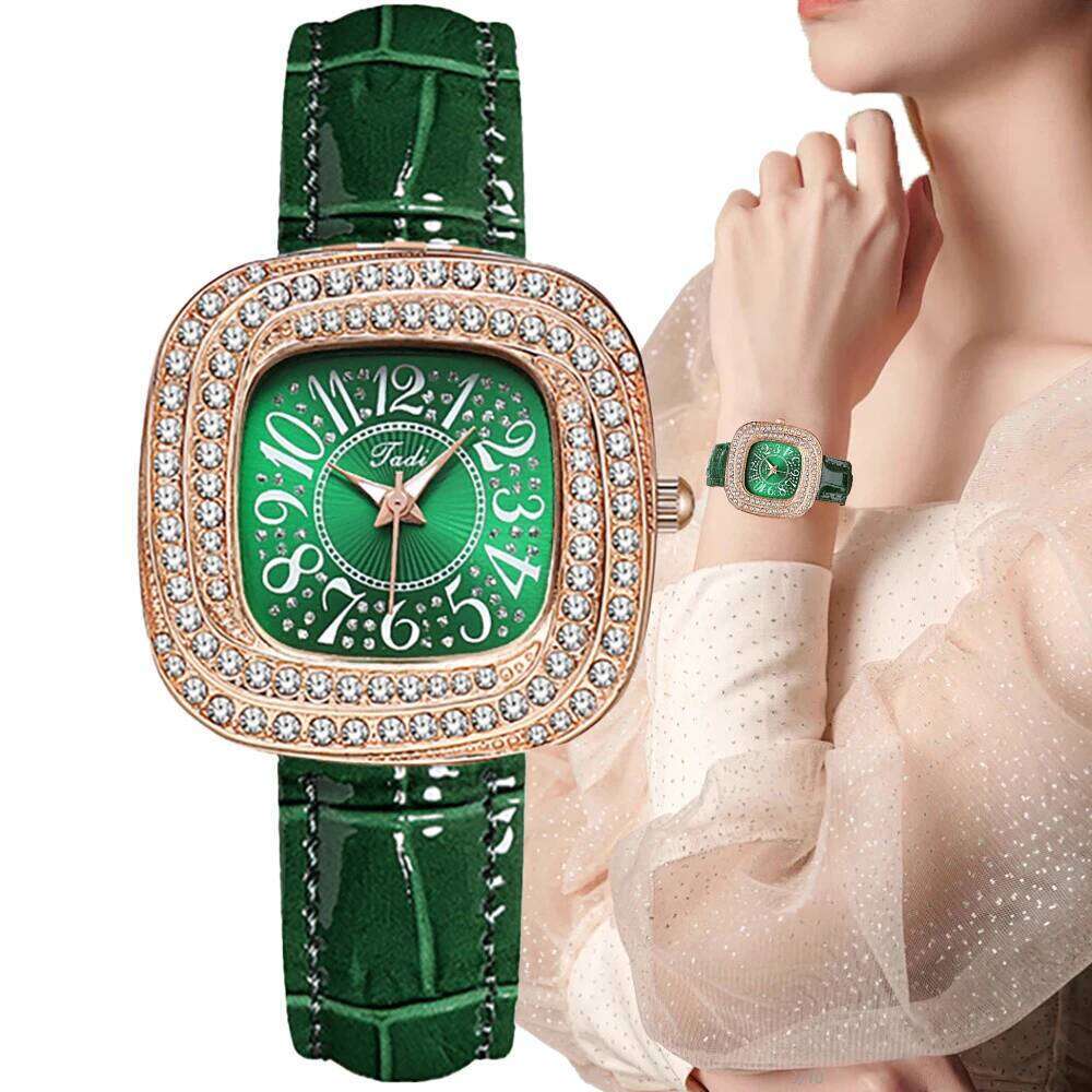 Fashion Full Star Ladies Square Arabic Numerals Quartz Casual Green Leather Women's Gift Clock Wrist H260228