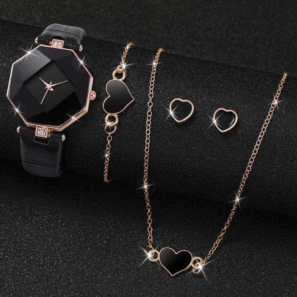 5PCS/Set Women's Fashion Leather Band Analog Quartz es Heart Jewelry SetWithout Box H260228