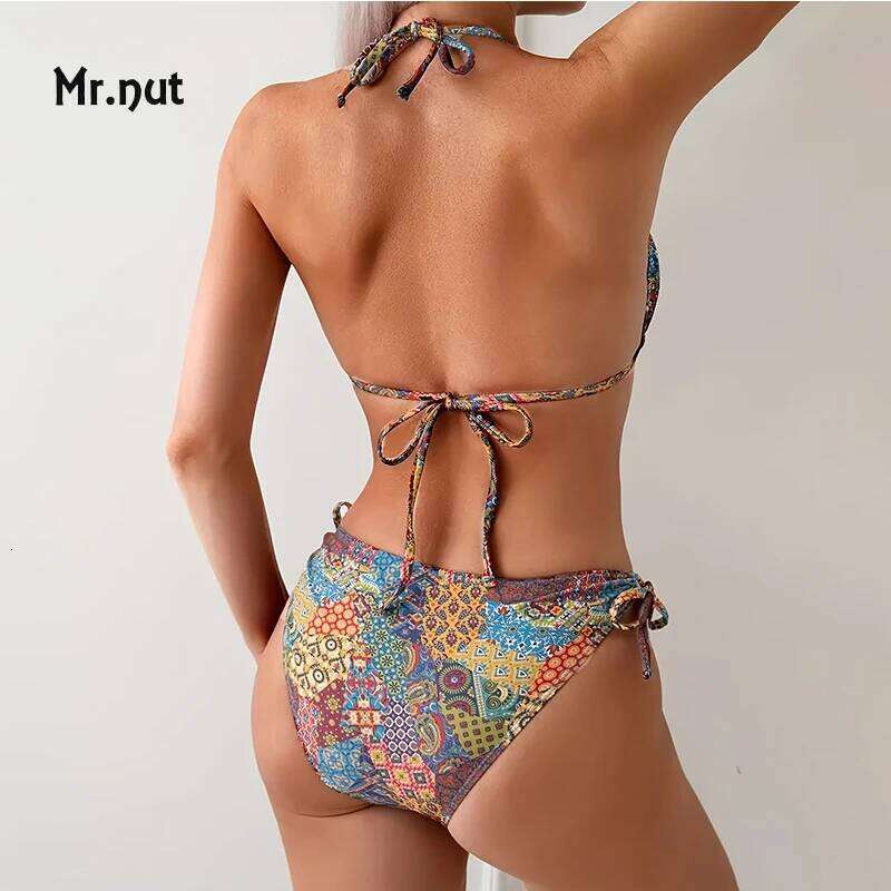 Mr. Nut 2025 New Neck Print Lace Up Split Women Sexy Beach Leak Back Swimsuit Bikini Z260301