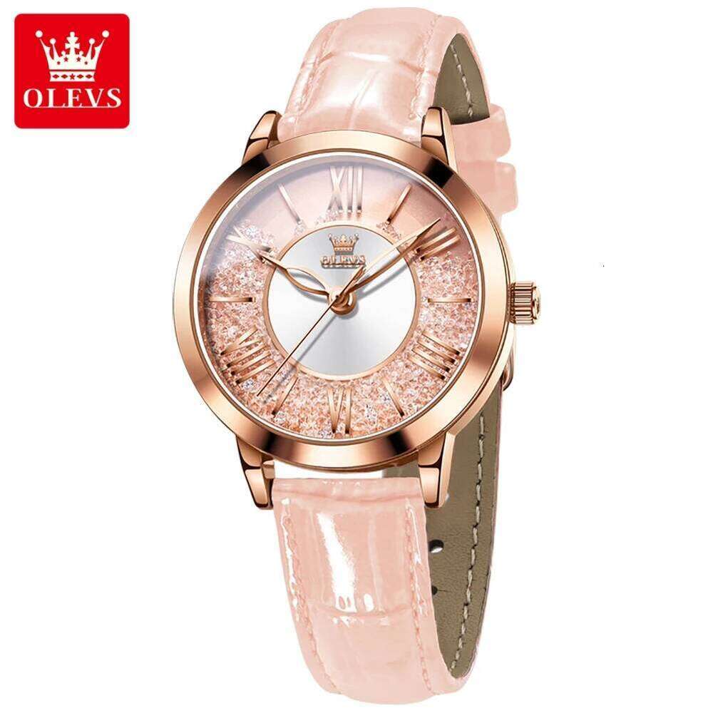 OLEVS 5539 Quartz Woman Flowing Crystal Design Roman Numeral Scale Ladies Wrist Leather Strap Waterproof Womens H260228