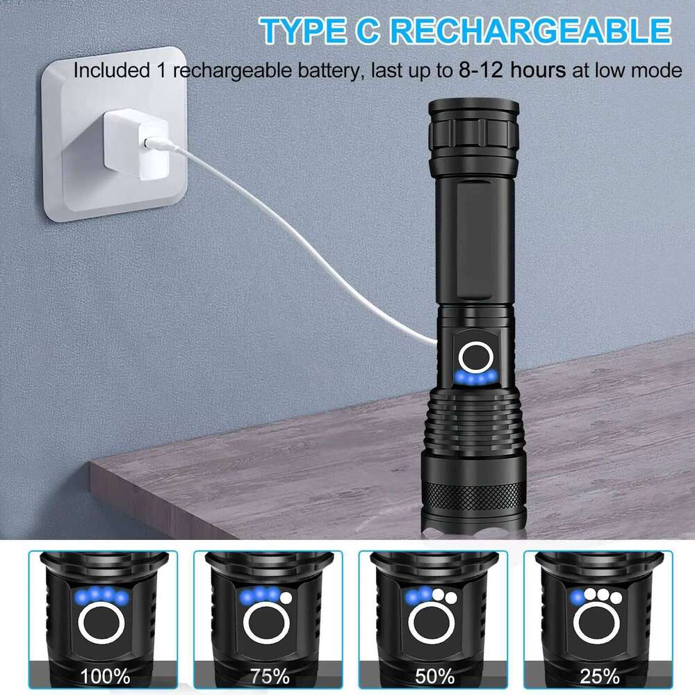 Super Bright Flashlight With Power Display 5 Light Modes Portable Telescopic Zoom Rechargeable Torch IP46 Waterproof For Outdoor Z260301