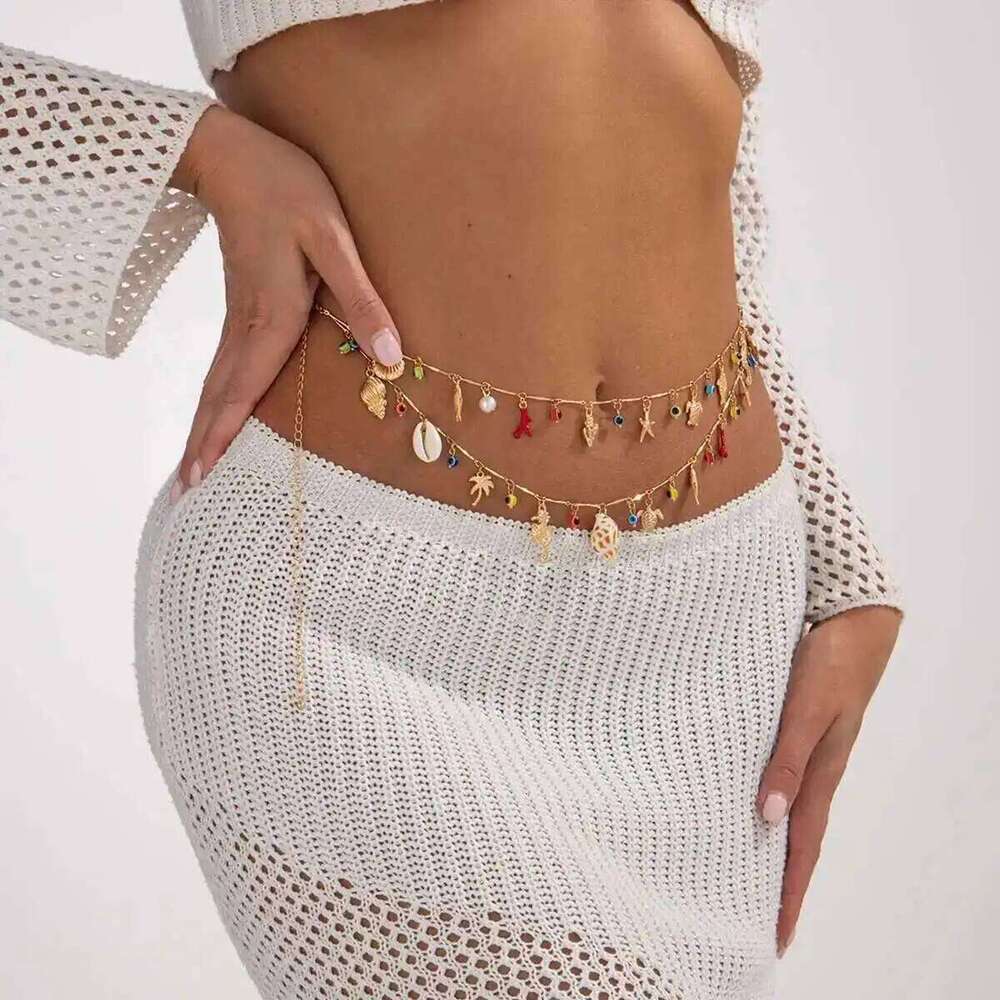 IngeSight.Z Boho Conch Seahorse Starfish Charm Pendant Waist Women 2025 Summer Beach Sexy Bikini Body Belly Chain Jewelry H260228