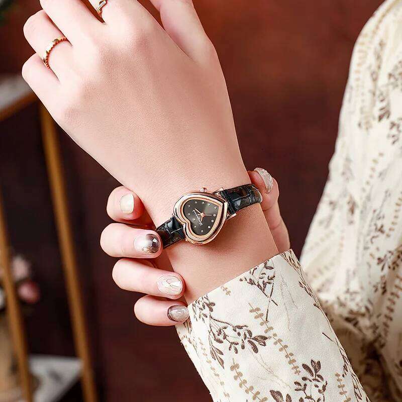 Women's Fashion Rhinestone Heart Dial Leather Band Quartz es H260228