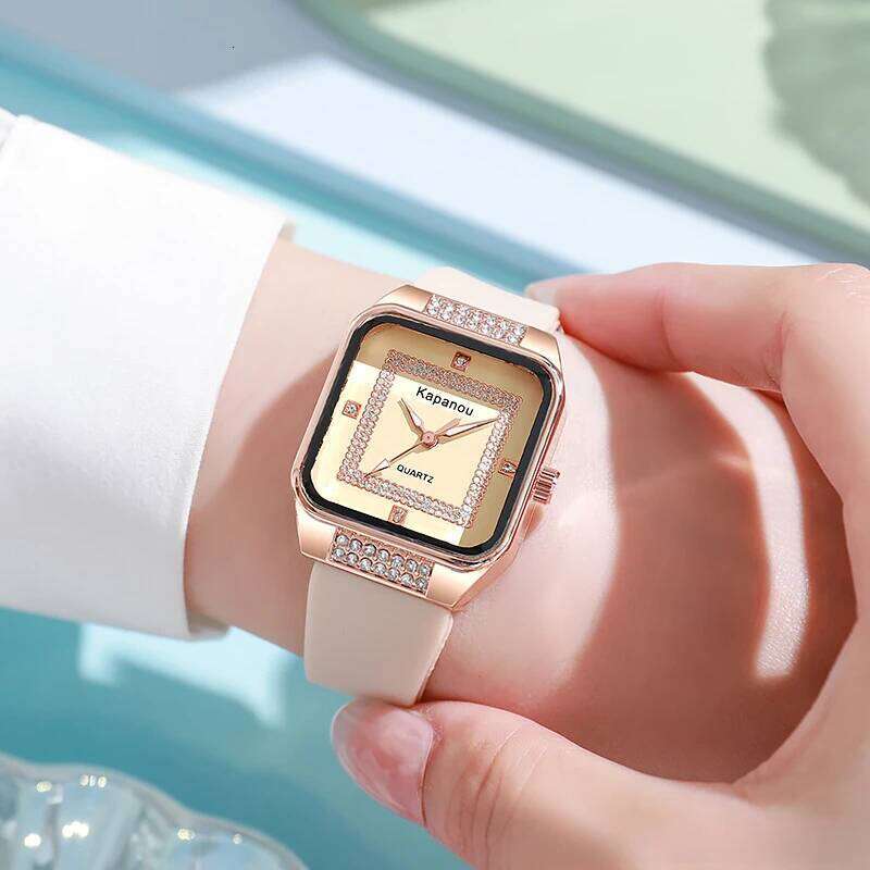 Women's fashionable square shell with diamond inlaid silicone quartz H260228