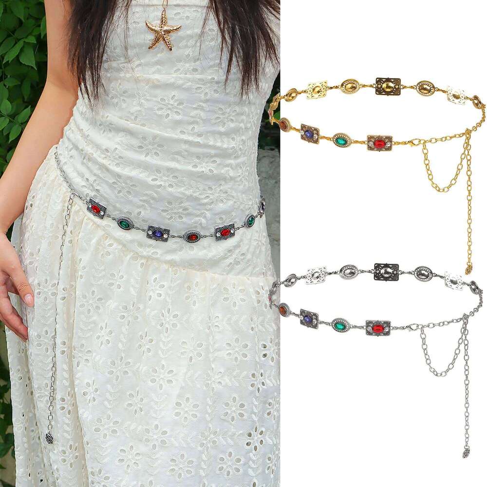 1pc Retro Rhinestone Metal Chain Trendy Individual Waist Belt Accessory H260228
