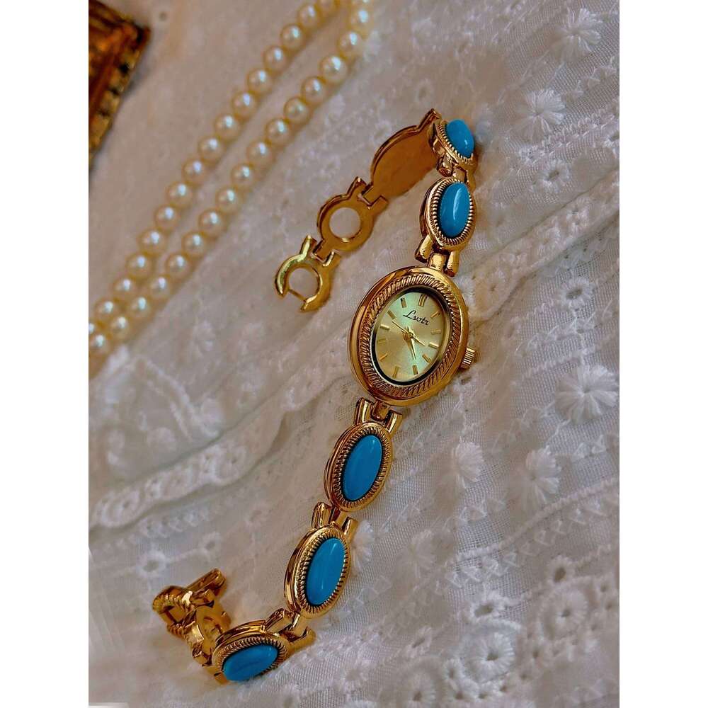 1 Piece of French Fashionable and Elegant Women's Artificial Turquoise Stone Inlaid Strap 30m Waterproof Oval Quartz with Classic Retro Dial, Sui