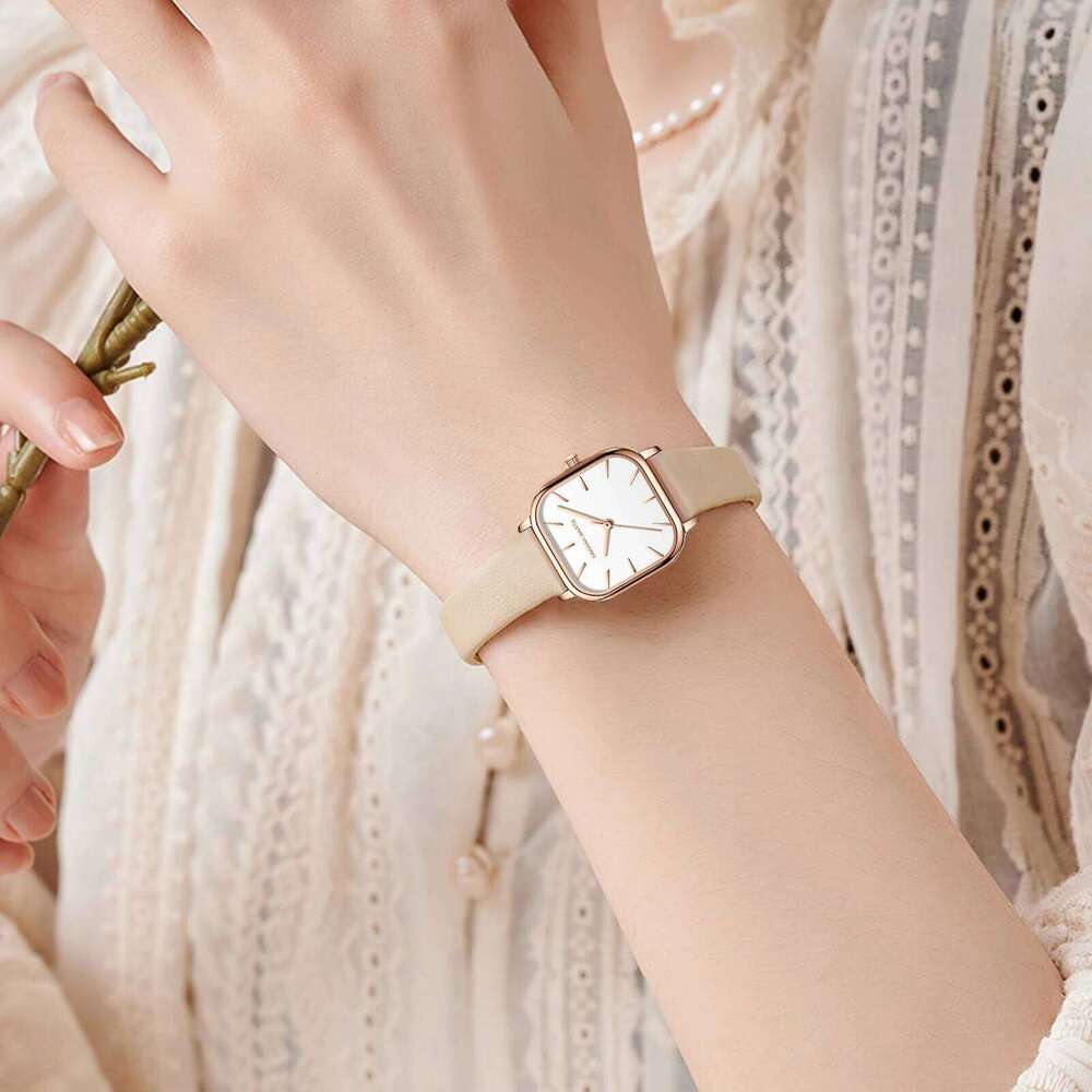 Hannah Martin Square Women Fashion Rose Gold Leather Minimalist Style Girls Clock Quartz Movement Casual Waterproof H260228
