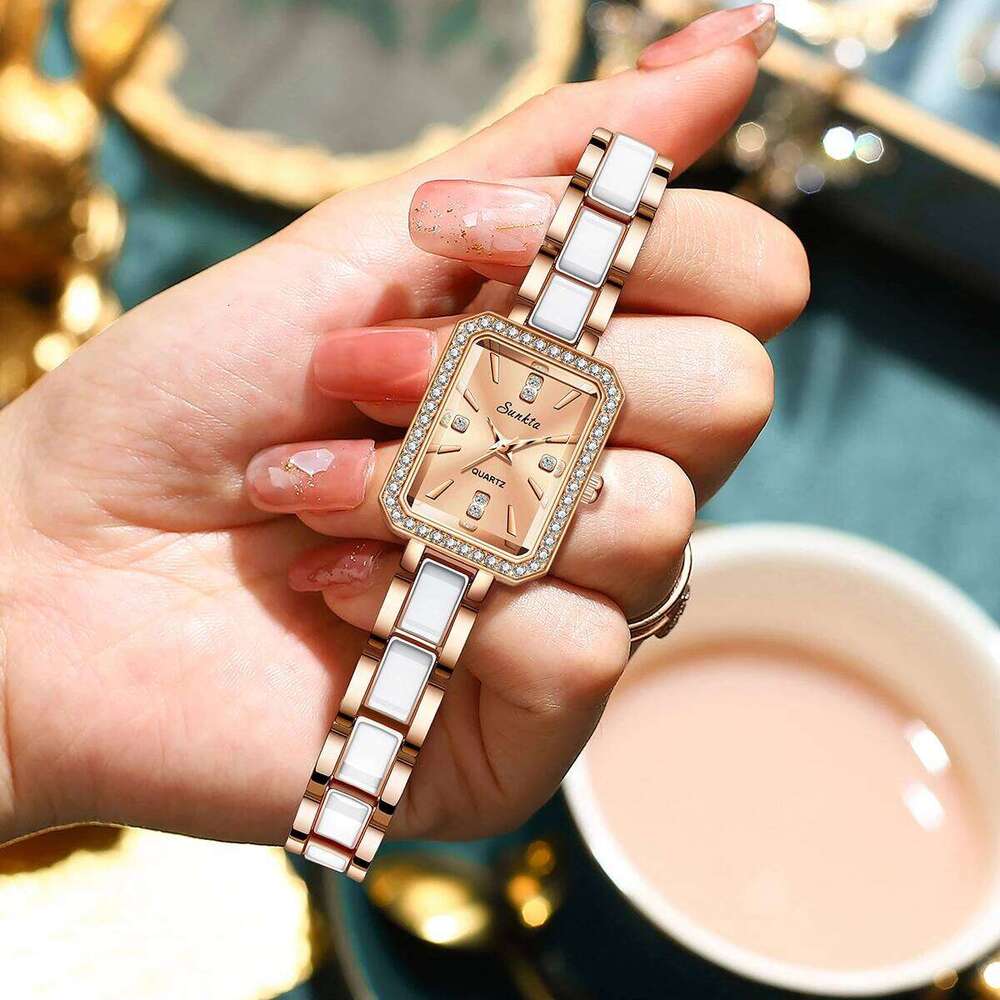 LIGE New Simple Square Full Diamond Digital Quartz e Gold Stainless Steel Women's Dress Clock H260228