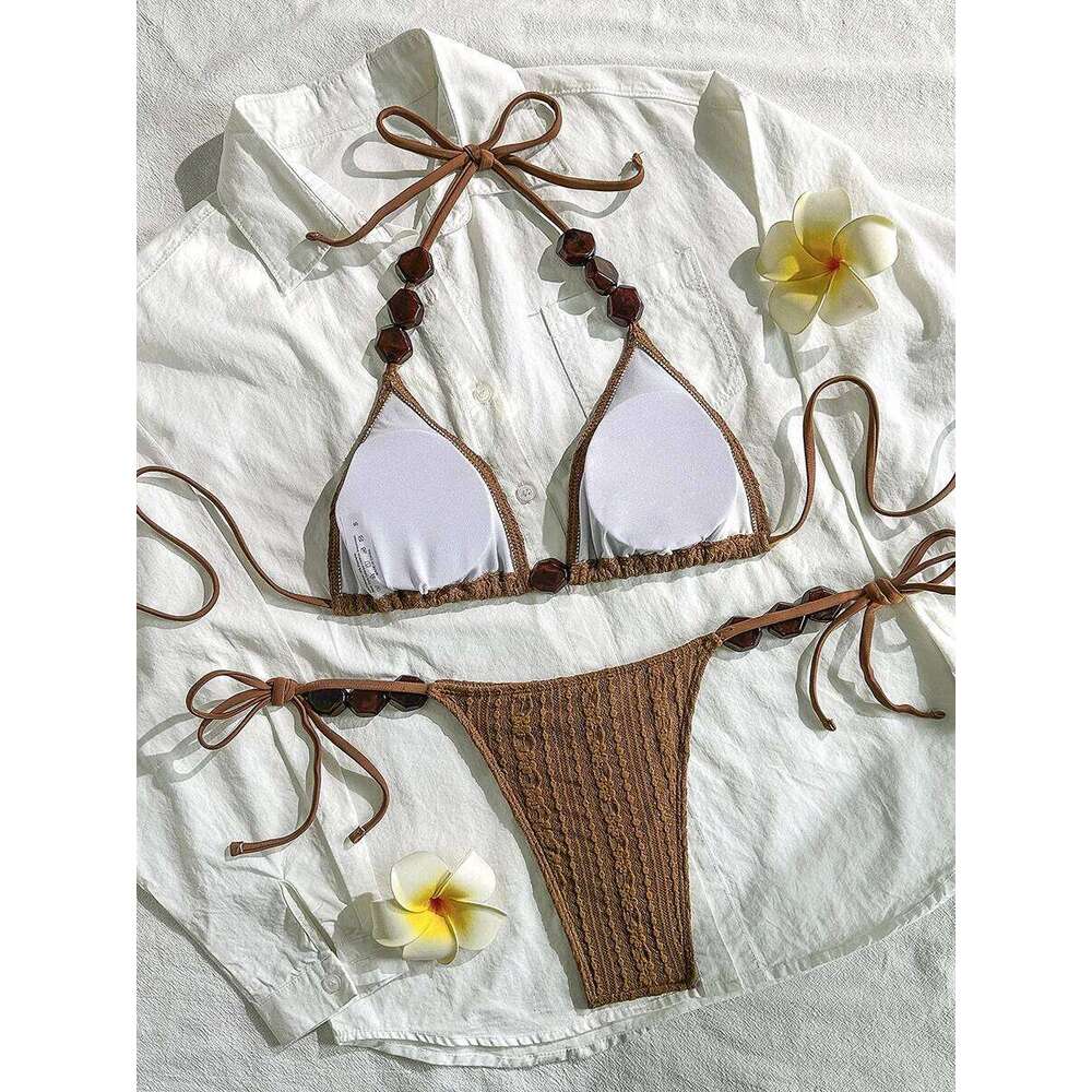 Wrinkled Halter Strappy Women Swimwear Female Swimsuit Two-pieces Bikini Set High Cut Bather Bathing Suit Swim Beachwear Z260301