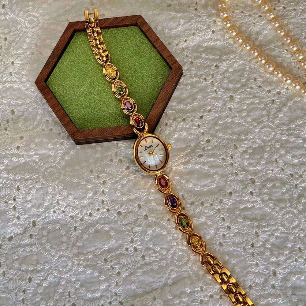 1pc New High-End Luxury Women's Embedded With Colorful Tourmalines, Diamonds And An Oval Shaped Mother Of Pearl Dial. H260228
