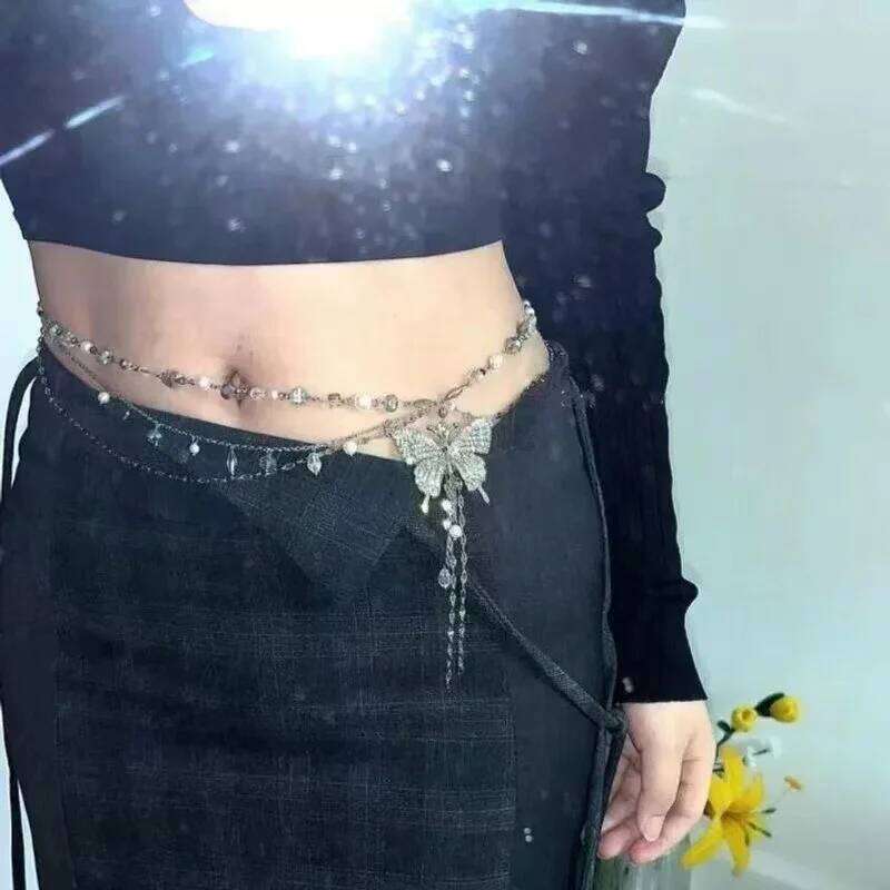 Simple Shiny Butterfly Waist Chain For Women Multilayer Pearl Tassel Metal Body Belly Chains Summer Beach Party Jewelry Gifts H260228