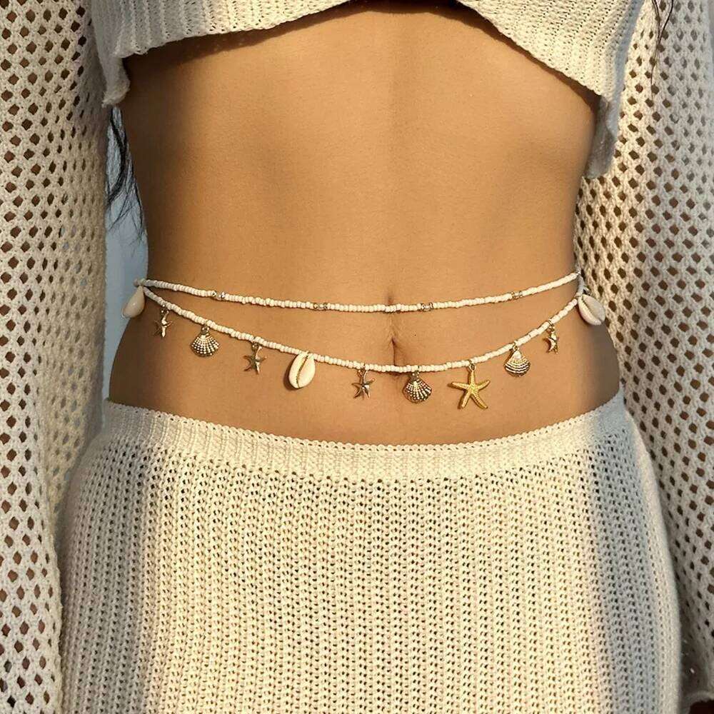 Bohemian Chain Imitation Pearl Sea Star Waist Link Starfish Shell Pendant Hollow Out Jewelry Accessories for Women H260228