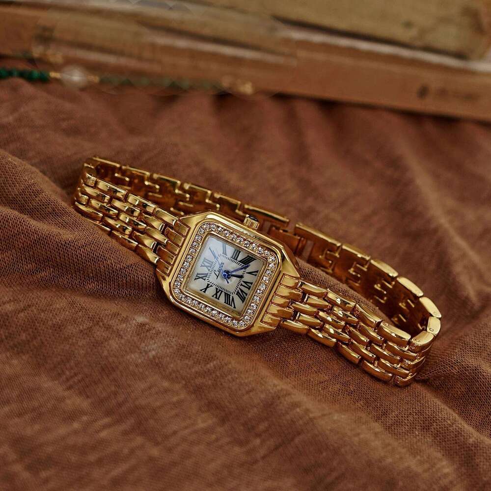 1pc New Arrival Gold-Tone Square Dial Women's Waterproof With Inlaid Rhinestone, Elegant & Simple Style, for women H260228