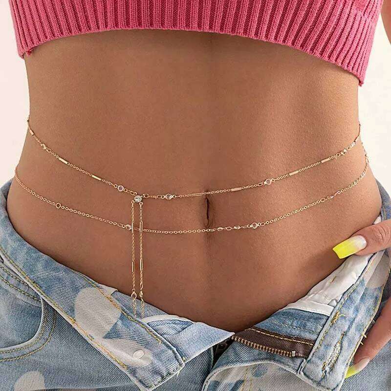 Fashion Sexy Double-Layer Thin Waist for Women Exquisite Metal Crystal Cross Tassel Belly Chain Body Jewelry Party Gifts H260228