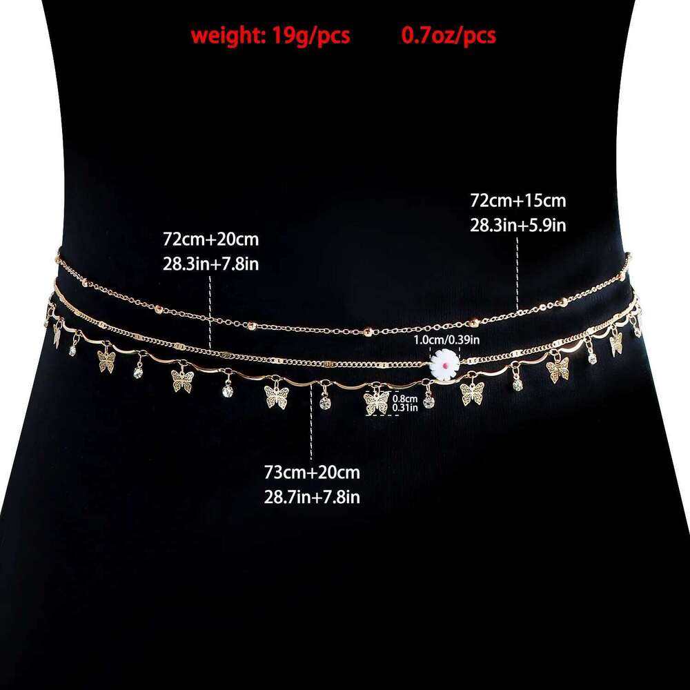Cross Border Fashion Multi Layer Metal Tassel Butterfly Synthetic Rhinestone Waist Chain Sexy Street Versatile Belt Accessory H260228