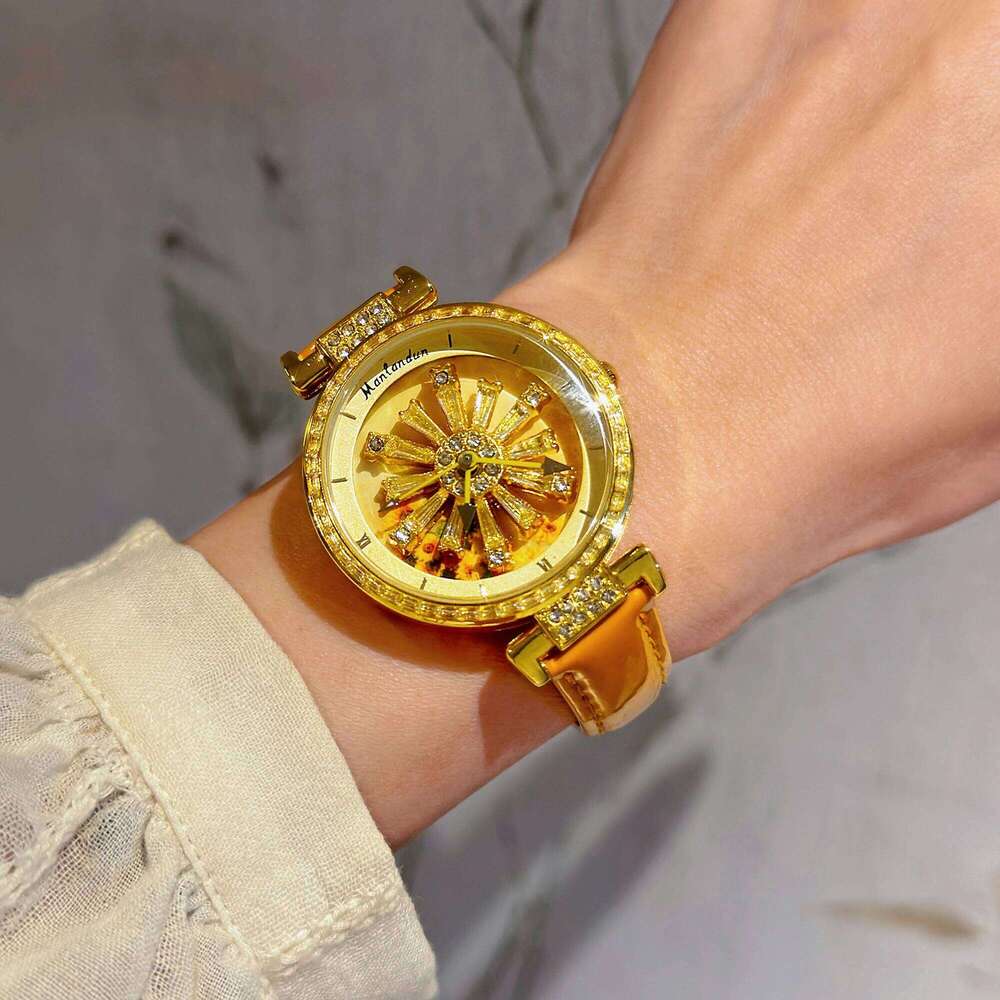 Fashionable Women's With Transparent Back, Diamond Inlaid, Rotating Galaxy Dial, Sunflower Design Waterproof Quartz H260228