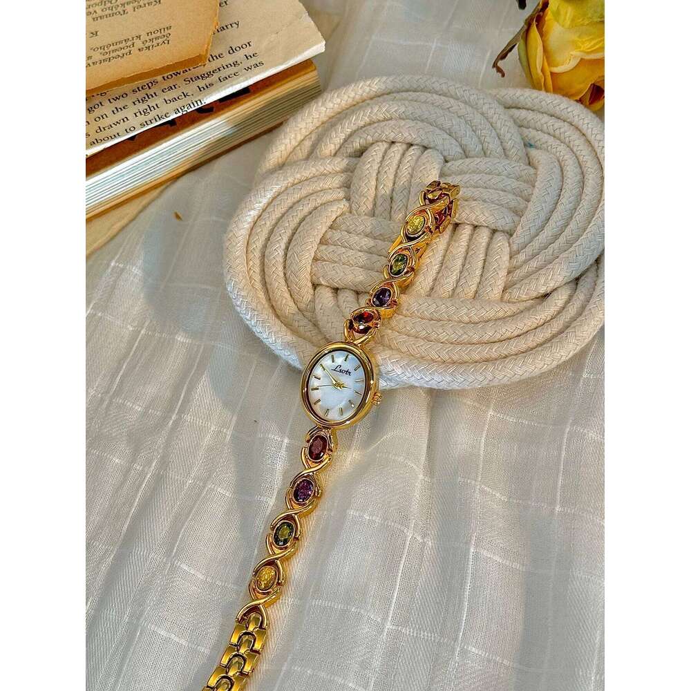 1 Piece of New High-End Colorfuled Tourmaline Gem Rhinestone Inlaid Accessible Retro Elegant Fashion Women's Oval Mother-Of-Pearl Dial 30m H26022