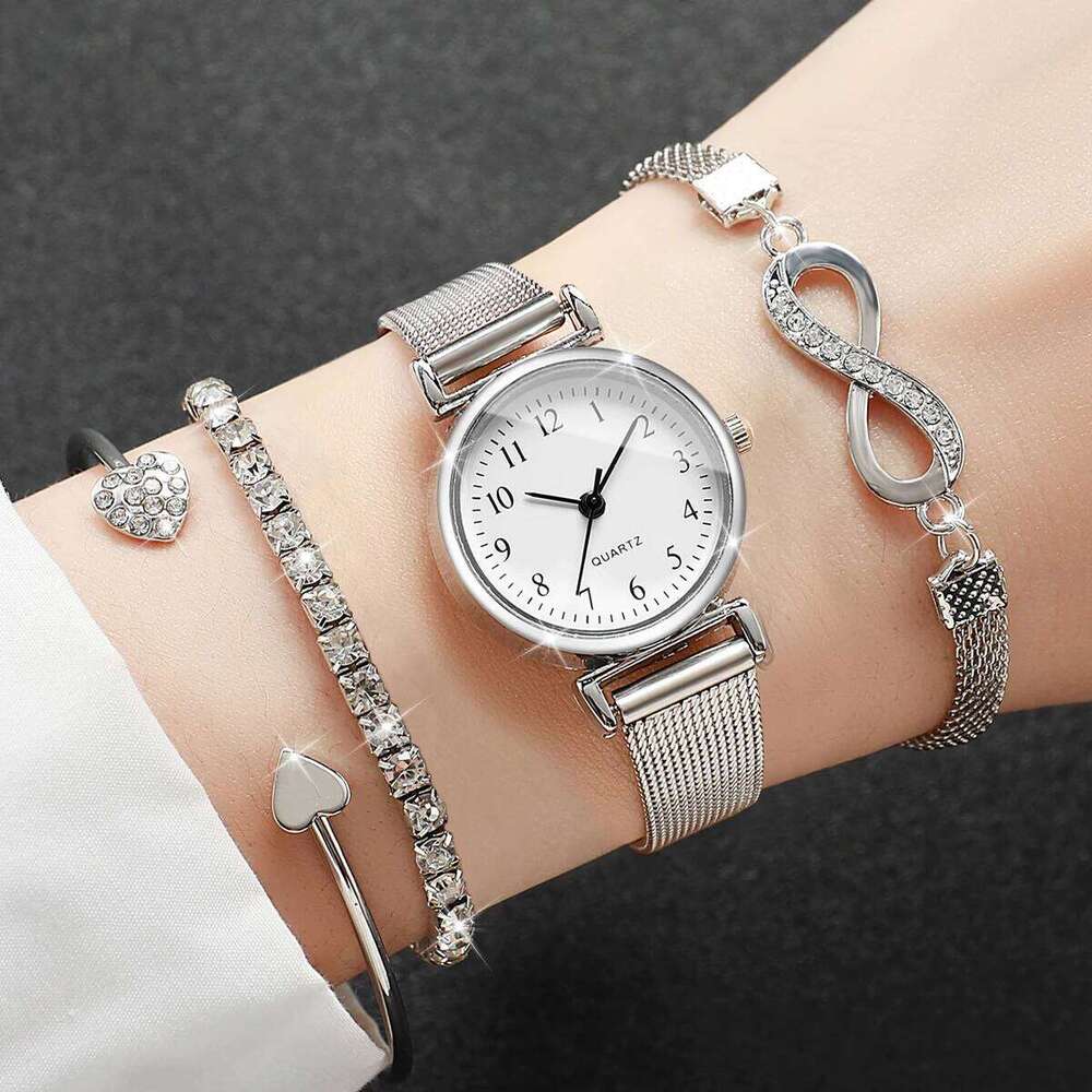 4PCS Fashion Women Diamond s Set Simple Mesh Band Ladies Quartz Wrist Reloj Mujer Girls Clock Without Box H260228