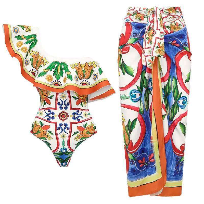 FLAXMAKER Ruffle Shoulder Printed One Piece Vacation Swimwear bikini sets Women Beachwear Bathing Suit Monokini Z260301