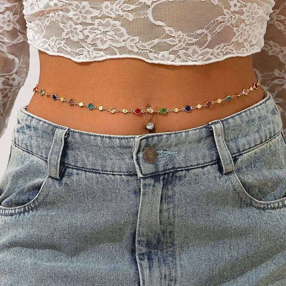 IngeSight.Z Simple Colorful Geometric Crystal Waist Belly for Women 2024 Trendy Bikini Thin Belt Chain Body Jewelry H260228