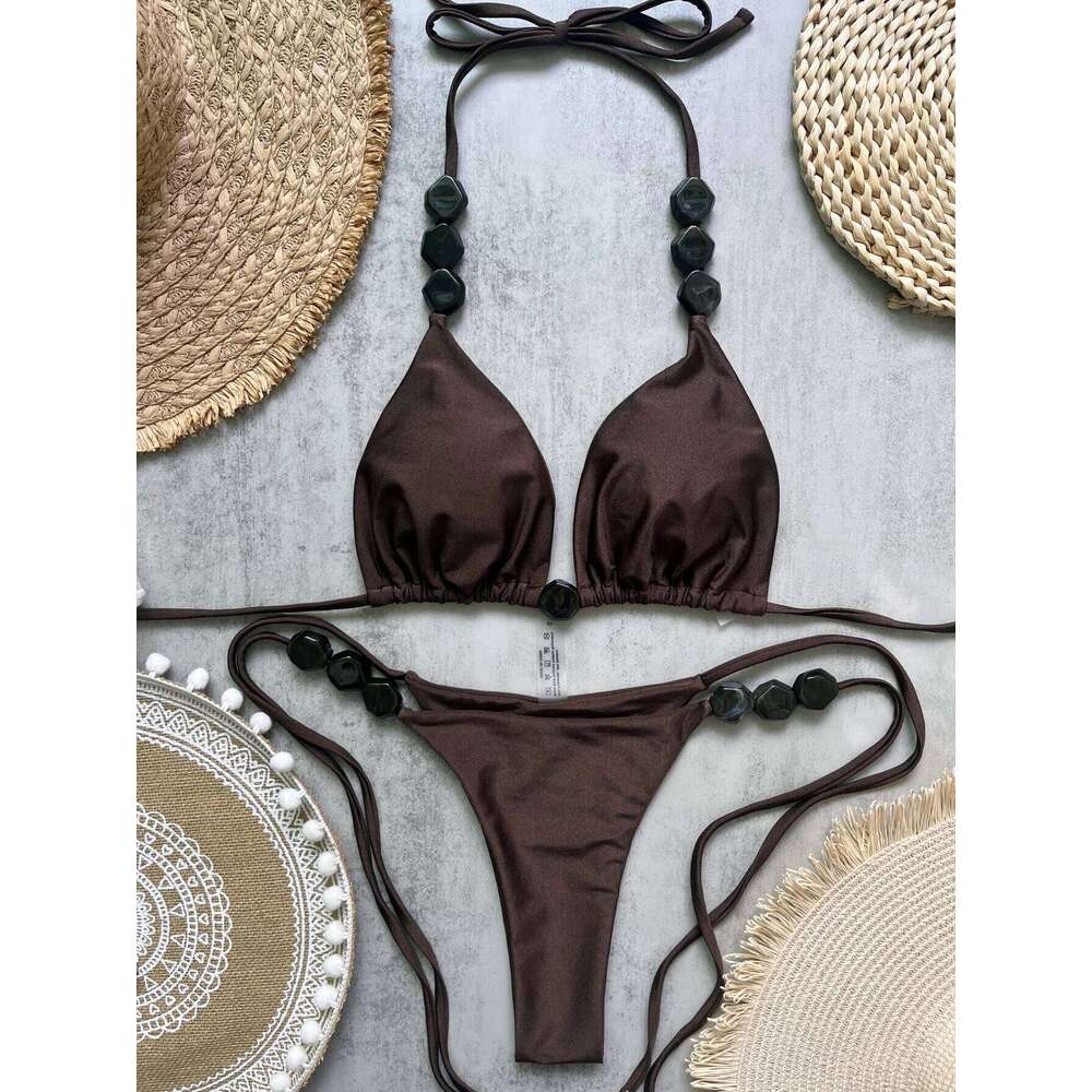 2025 Sexy Bead Swimwear Women Swimsuit Beach Halter V Neck Bikini Set Beachwear Summer Bathing Suit Z260301