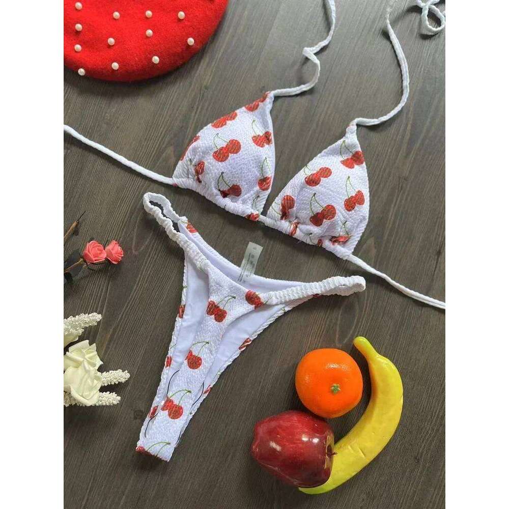 2024 brazilian bikini women suit, beach fashion, sexy thong swimsuit, cute cherry print Z260301