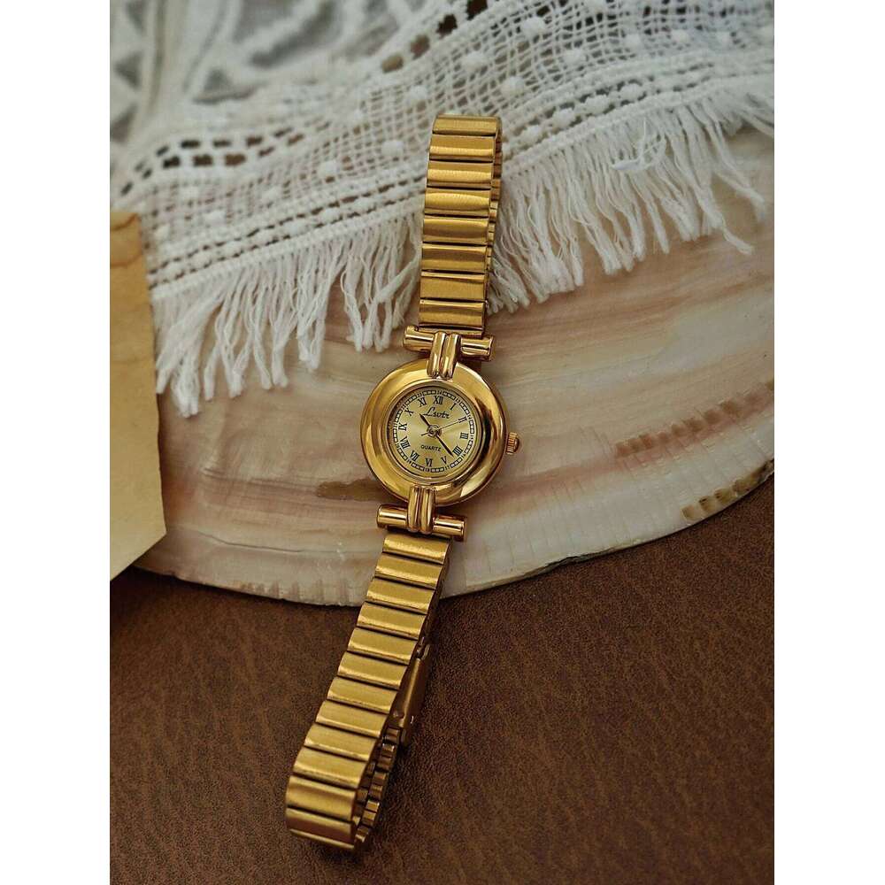1 Piece of French Retro Gold Small Fashionable, Elegant, Exquisite, Compact Waterproof Quartz , Suitable for Daily Wear, Dinner and Other Occasions, H