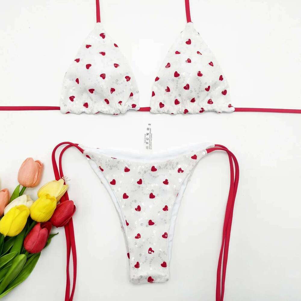 Sequin Swimwear Triangle Bikini Set Women Pearl Waist Belt Swimsuit Halter Beachwear Bathing Suit Biquini Trajes De Bao Z260301