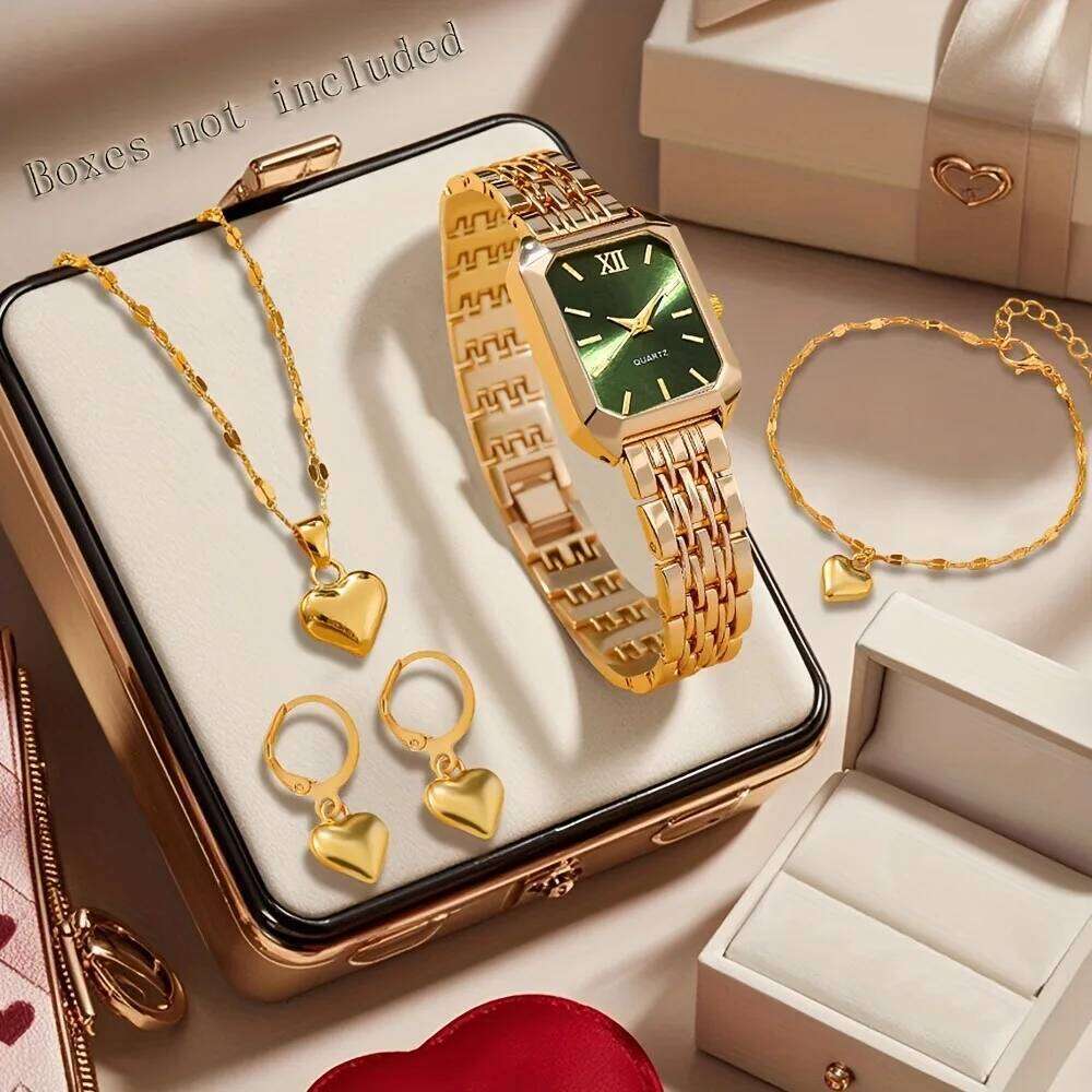 5PCS Elegant Rectangle Women es Heart Jewelry Set Fashion Roma Dial Ladies Analog Quartz Wrist Reloj MujerWithout Box H260228