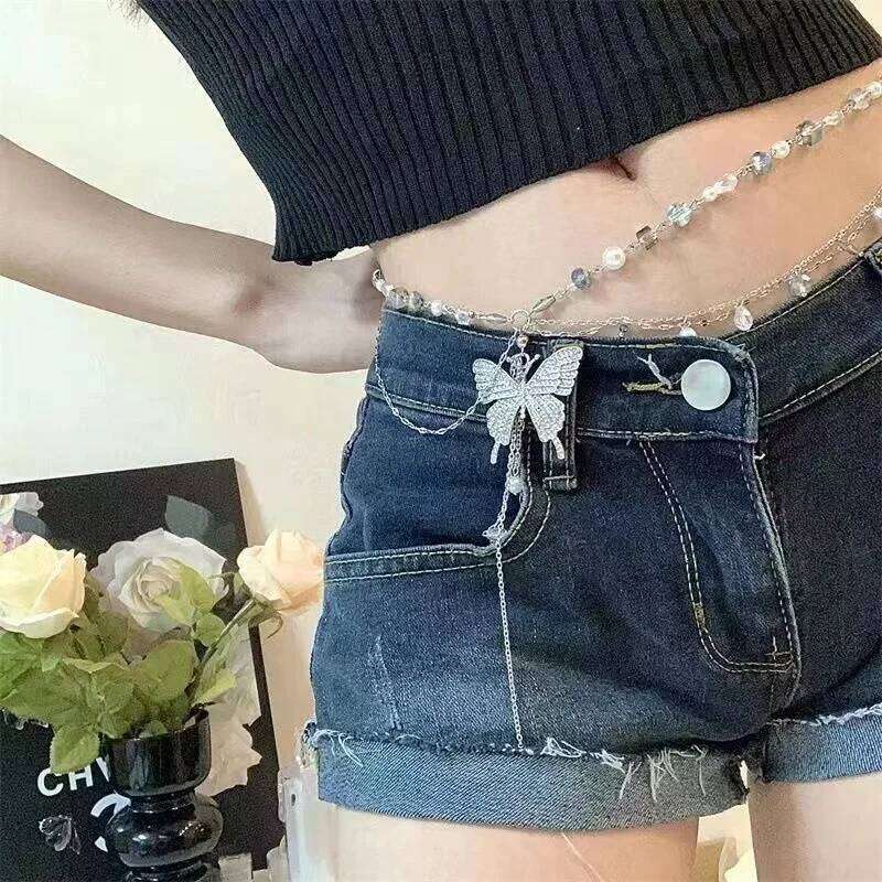 Simple Shiny Butterfly Waist Chain For Women Multilayer Pearl Tassel Metal Body Belly Chains Summer Beach Party Jewelry Gifts H260228