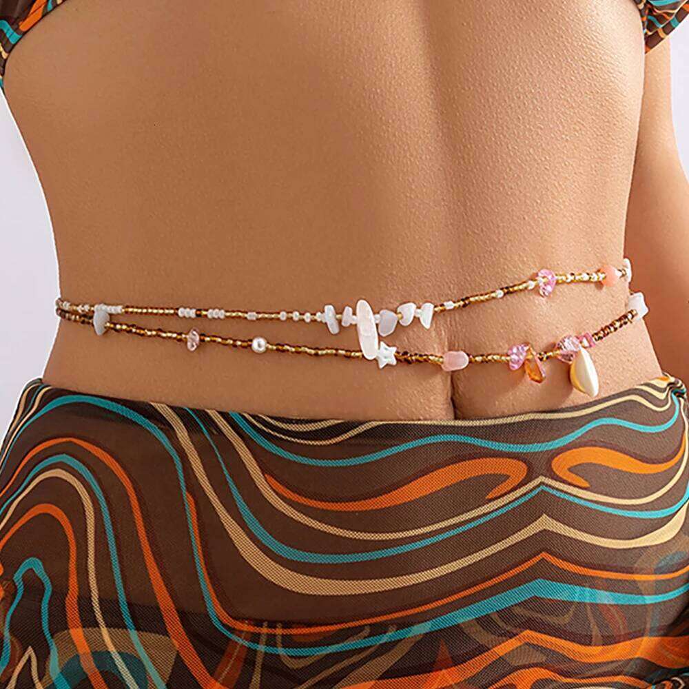 KunJoe Bohemia 2pcs/set Colorful Rice Beaded Belly Waist Women Summer Imitation Pearl Irregular Stone Body Chain H260228