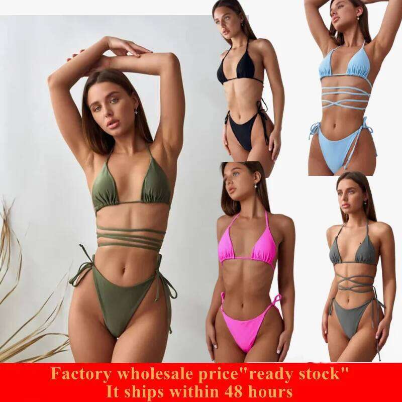 Ins bloggers new size chest gathered lace-up slim three-point thong hot spring split swimsuit female bikini Z260301