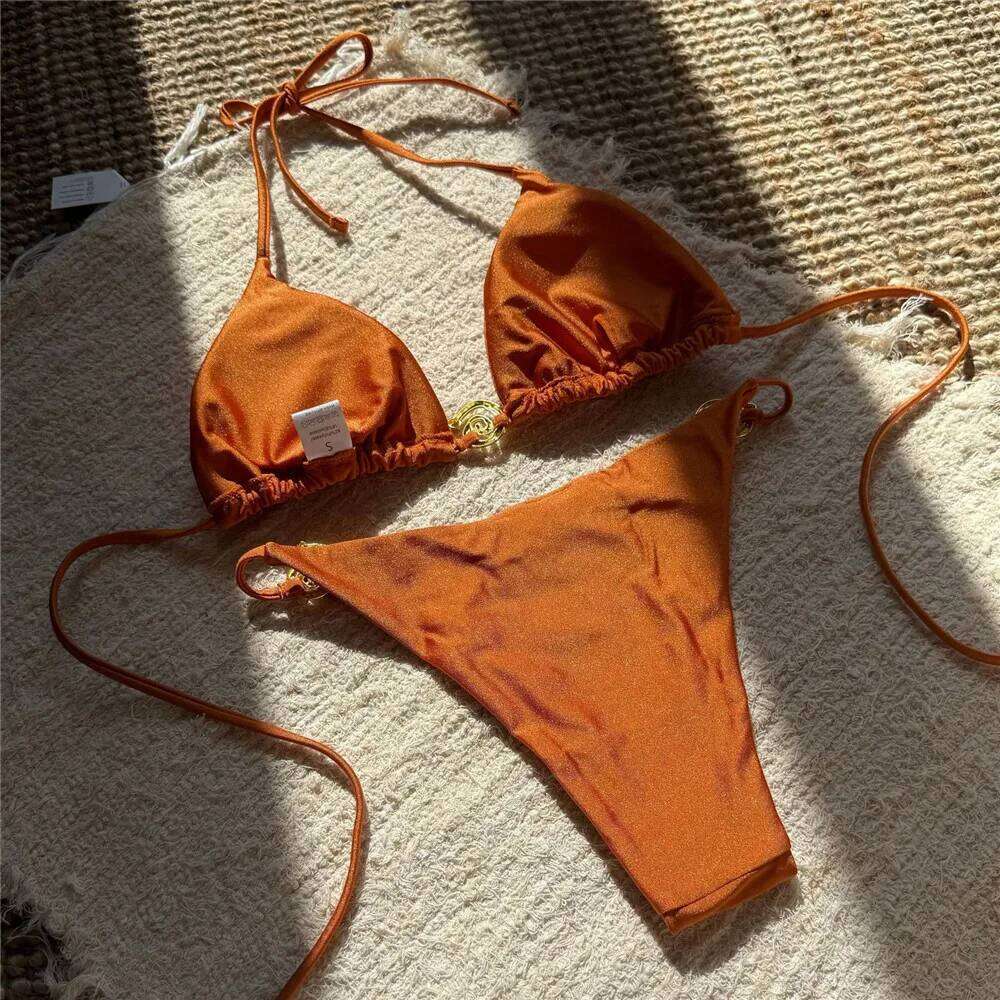 Solid Orange Swimwear Metal Ring String Halter Triangle Micro Bikini Thong Sexy Swimsuit Women 2026 Bathing Suit Bikinis Sets Z260301