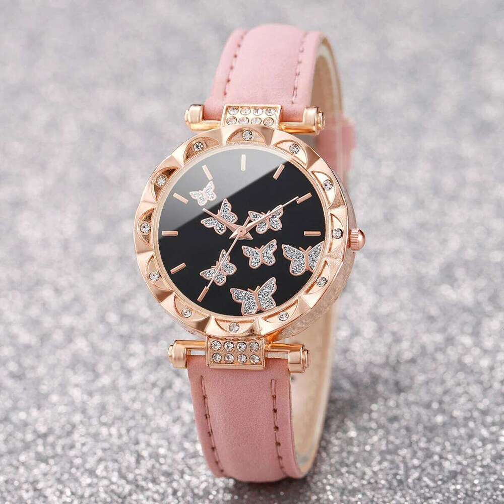 Women Fashion Butterfly Rhinestone Dial Wrist Ladies Casual Leather Strap Quartz Relogio FemininoWithout Box H260228