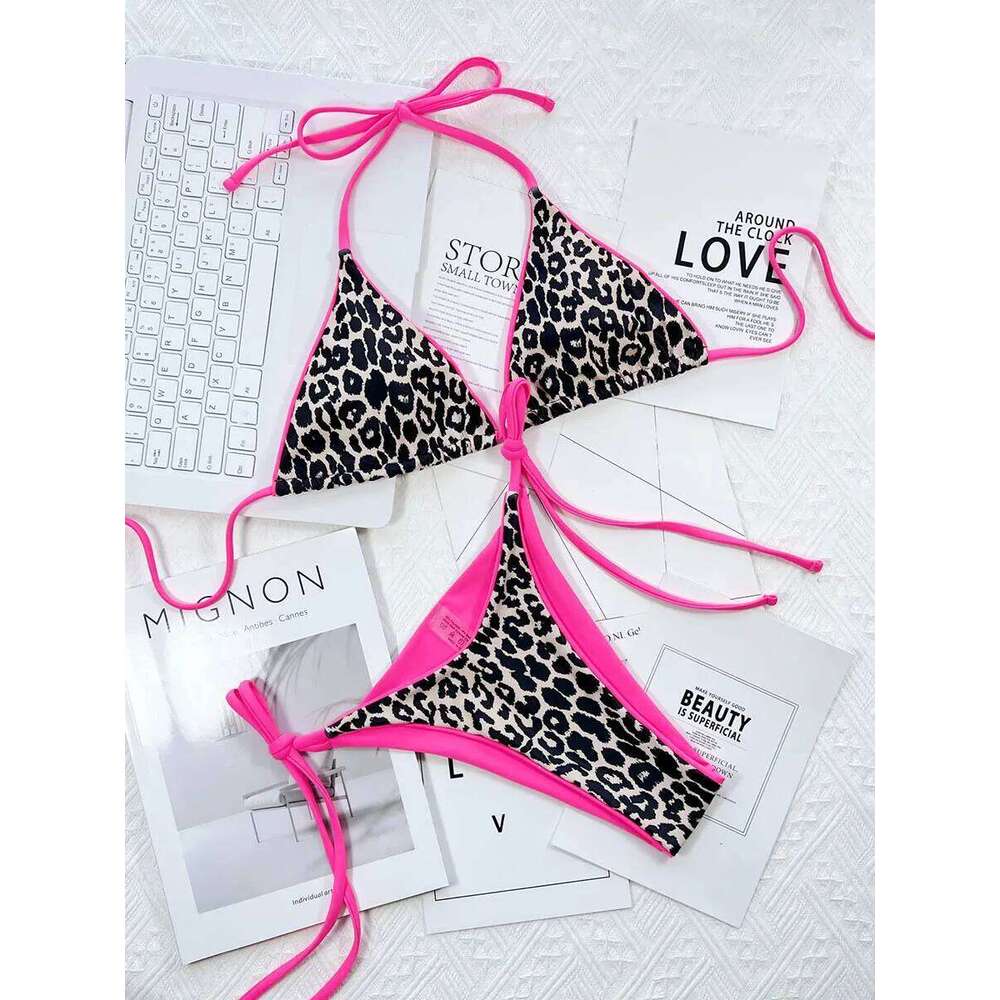 Yiiciovy Leopard Print Women Bathing Suit Biquinis Tie-Up Halter Padded Bra Thong Bottoms Bikini Set Female Swimsuits Z260301