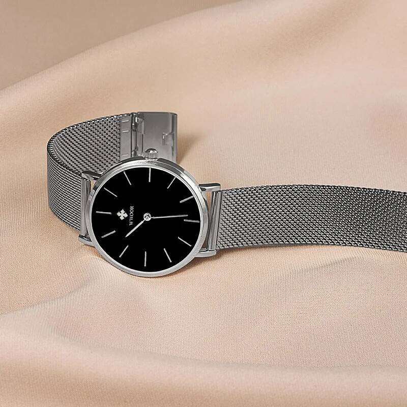 WWOOR New Womens Fashion Simple Ladies Slim Silver Black Dress Steel Mesh Sports Waterproof Wristes Reloj Mujer H260228