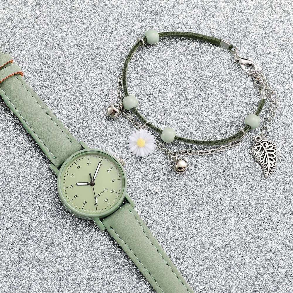 2PCS/Set Women's Fashion Arabic Dial Leather Band Quartz es Flower Set H260228