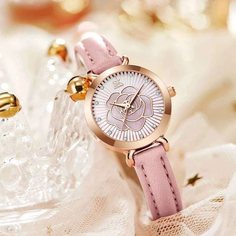 Women Brand New White Leather Montre Femme Elegant Colorful Flower Dial es Japan Movement Quartz H260228