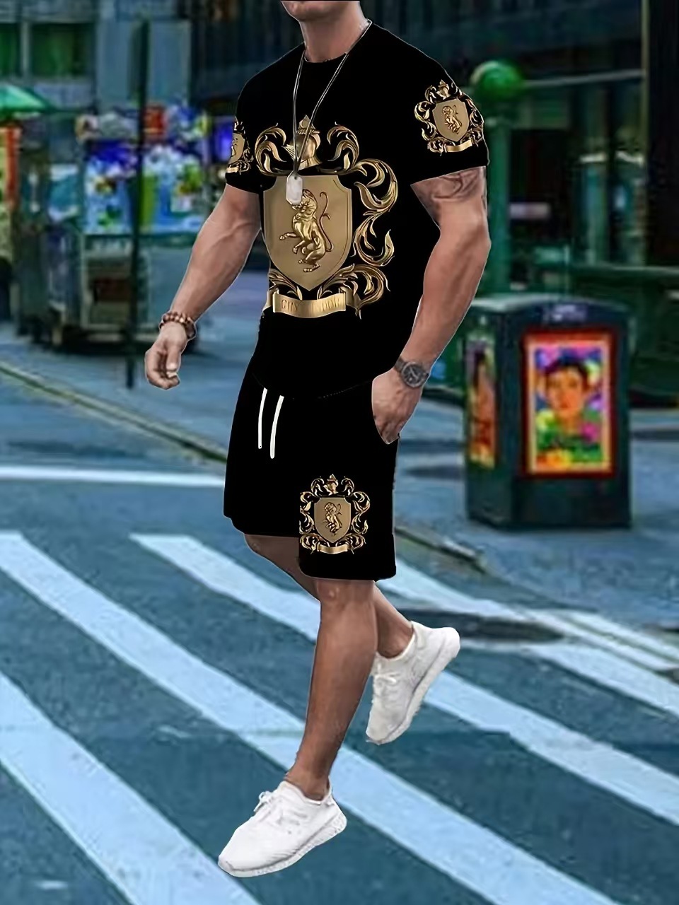 Luxury Brand Designer Clothes Foreign Trade Summer Trendy Men's Casual Sports Shorts And Short-Sleeve Shirt Printed Set - view 5
