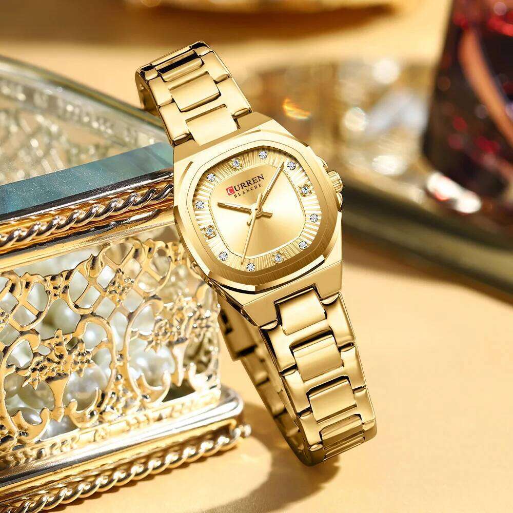 CURREN Women's Slim Quartz Classic Round Dial with Rhinestone Elegant Stainless Steel Band for Ladies H260228