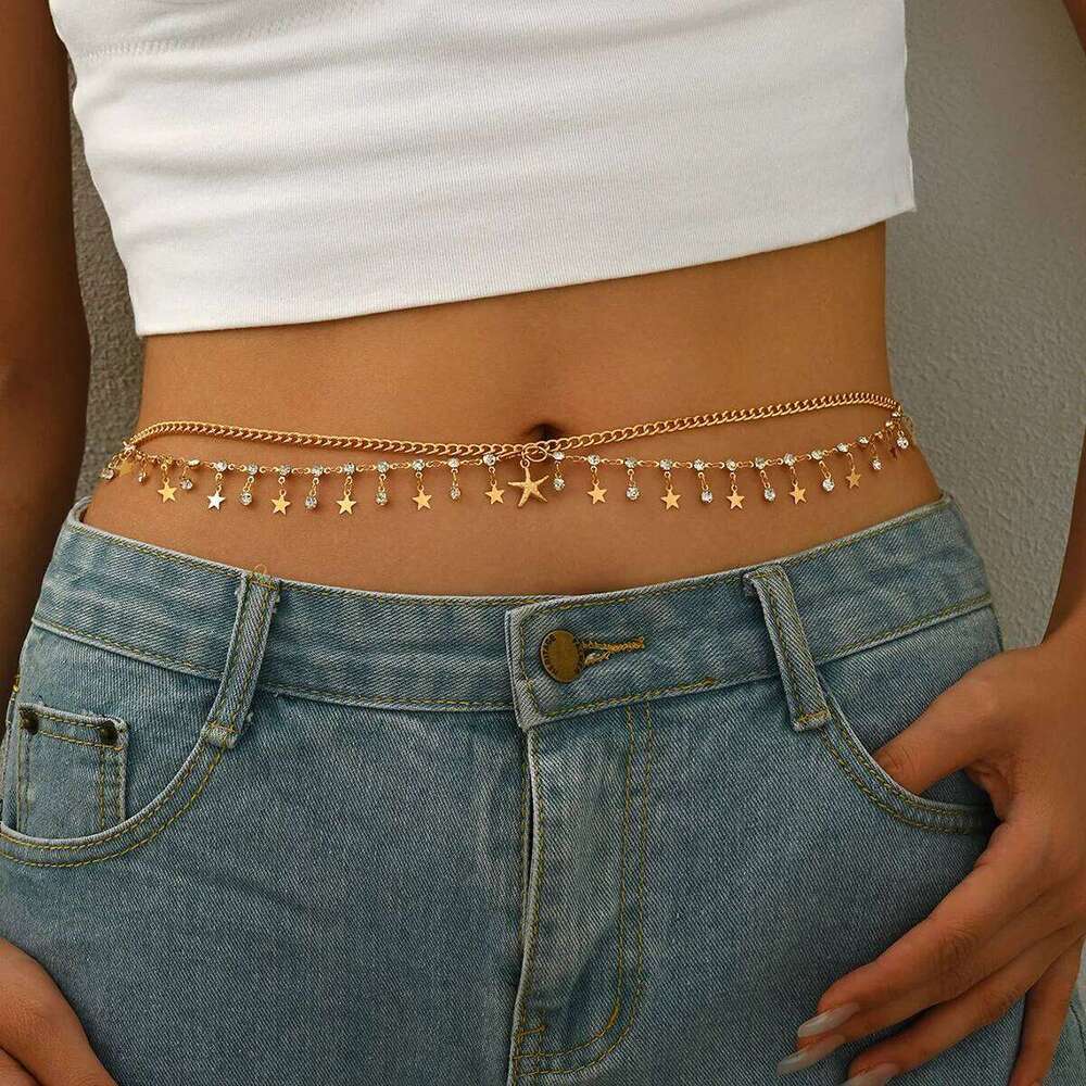 Sparkling Rhinestone Double Layer Body for Women Minimalist Star Pendabt Sexy Waist Link Chain Fashion Boho Beach Jewelry H260228