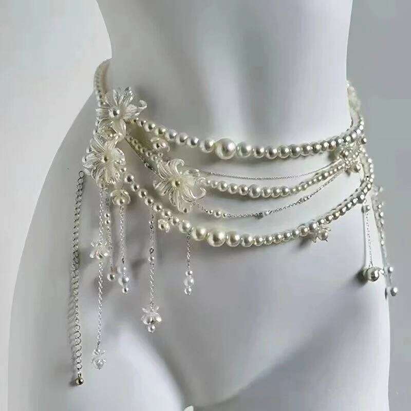 Elegant Pearl Waist Chain with Multi-Layer Flower Tassel; Unique Gift for Women and Girls H260228