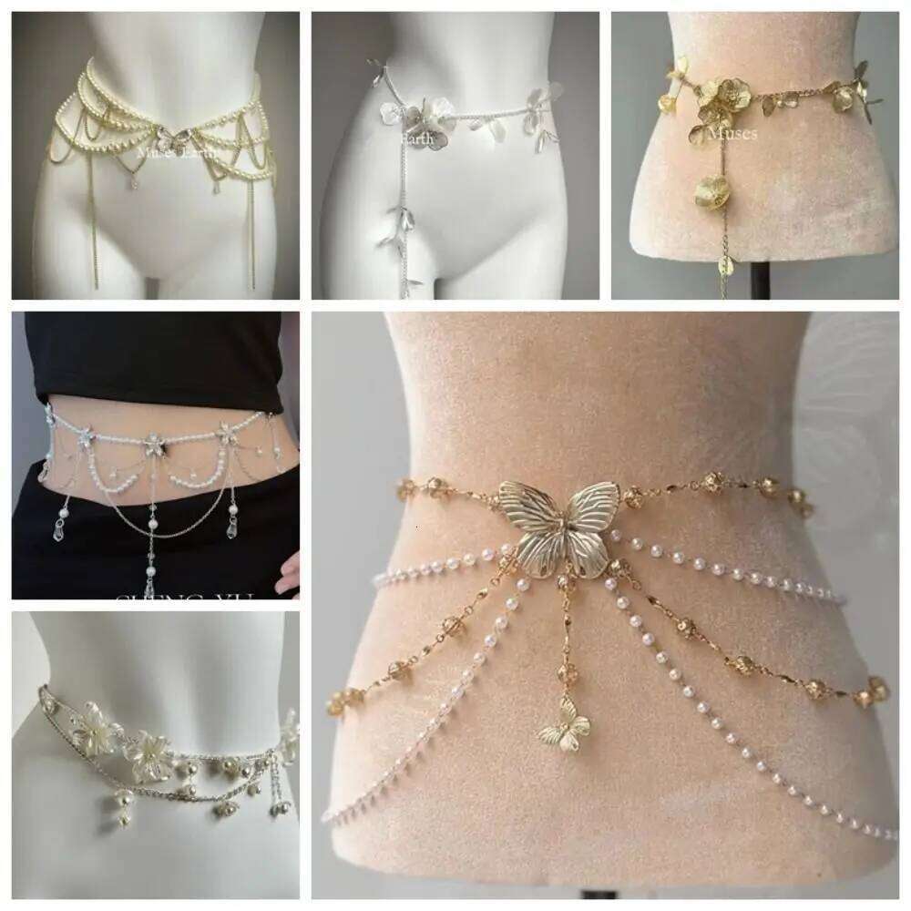 Fashion Elegant Pearl Chains Versatile Boho Floral Belly Waist Accessory Hip Chain Women H260228
